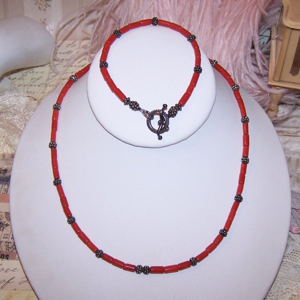 Sterling Silver and Red Coral Bead Necklace and Bracelet